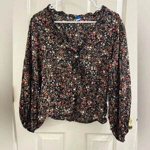 Old Navy size S long sleeve ruffle button front black floral blouse